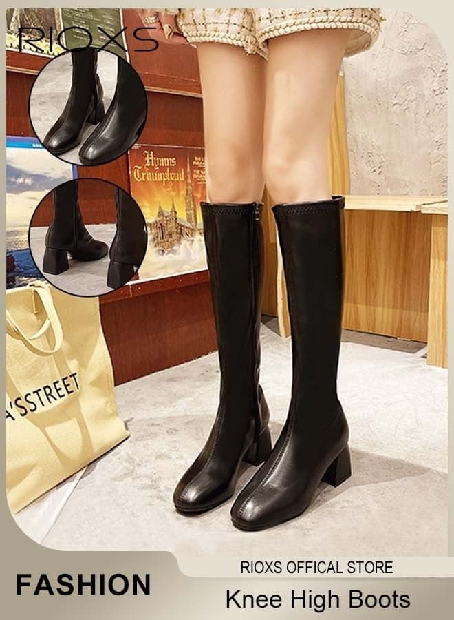 Knee High Boot for Women, 6cm Thick Mid-heel Rider Boots, Chunky Block Heel Long Boots, Square Round Toe Tall Boots, Fashion Women's Boots with Back Zipper, Long Tube Knee-Length Boots, Over The Knee High Boots for Ladies, Versatile Tall Boots for Office, Party, Travel, Concerts and Casual Rides, Black Boots