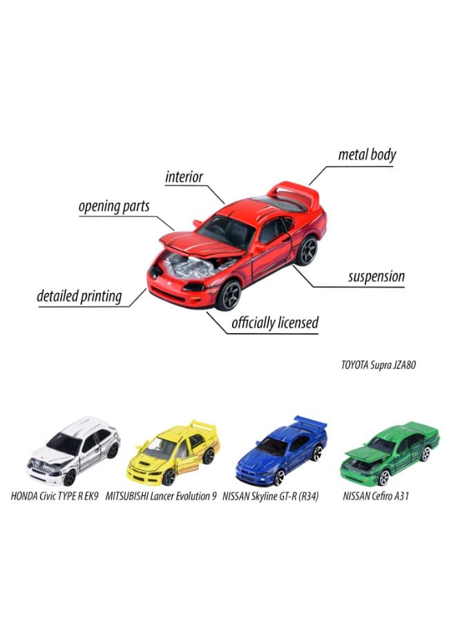 Majorette JDM Legends Anime 5 Diecast Giftpack, 5 Officially Licensed Japanese Model Cars, 1:64 Scale Metal Toy Vehicles with Freewheel, Suspension and Opening Parts, 7.5 cm, Ages 3+