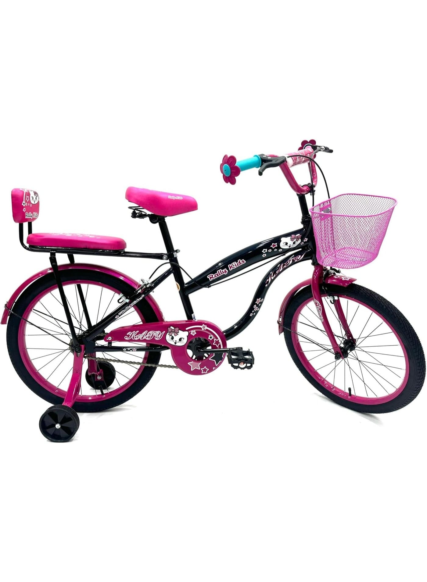 20-Inch Kids Bike For Girls | 20-Inch Wheel Size| With Training Wheels |Chain Cover | Basket And Rear Seat | Dark Pink & Black