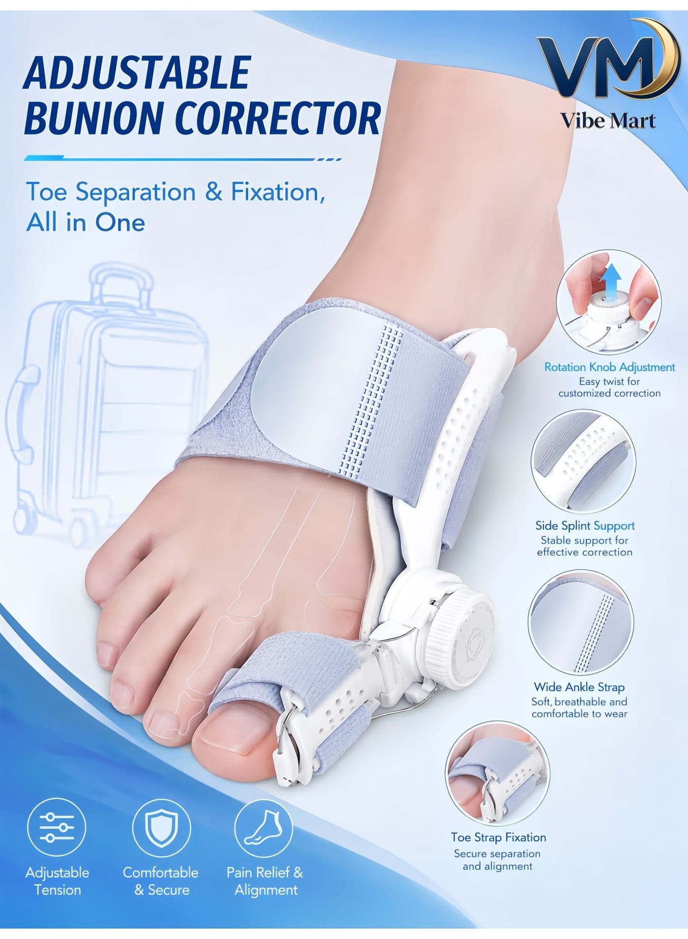 Bunion Corrector for Women & Men – Toe Separators & Spacers for Bunions Relief – Adjustable Hammer Toe Straightener Splint for Big Toe – Day & Night Use for Left/Right Foot