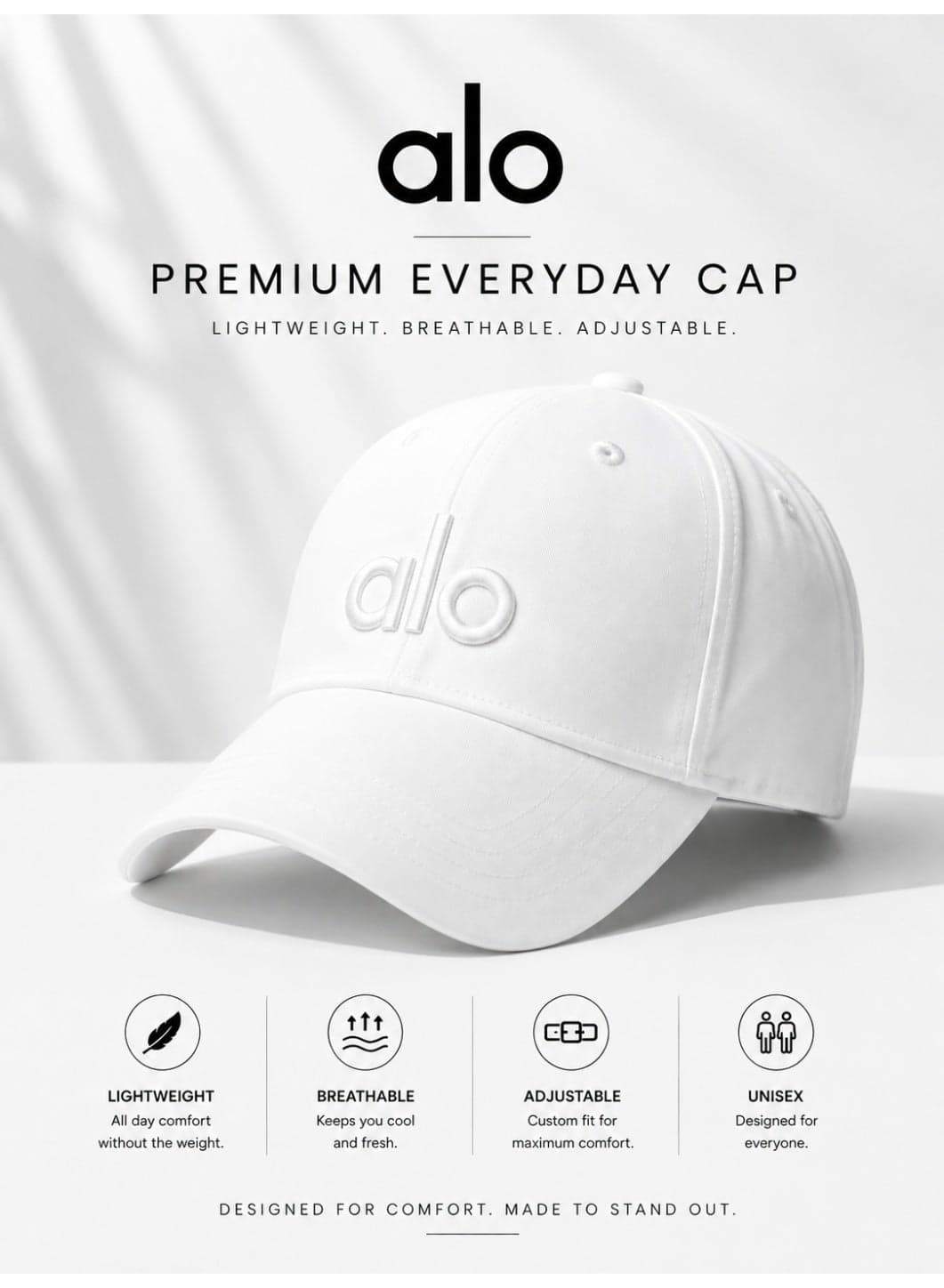 Alo Yoga Premium White Unisex Adjustable Baseball Cap – Lightweight Breathable Casual Sports Hat for Men & Women, Minimal Streetwear Style Curved Visor Cap