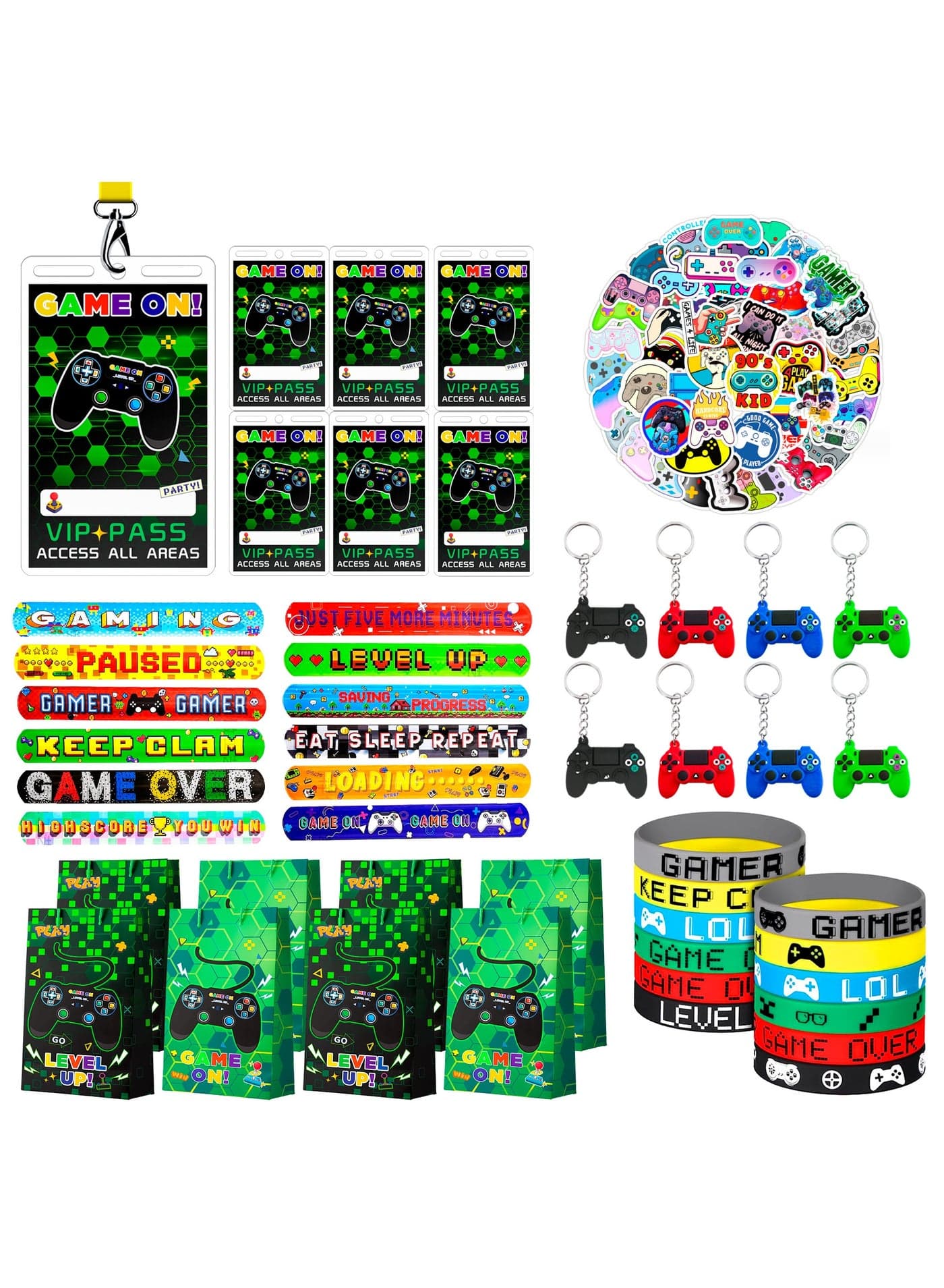 110pcs Video Game Party Favors for 12 Guests, Including Video Game Wristband Slap Bracelets Keychain Vip Pass Ticket Gamer Goodie Bags etc Gaming Party Favors