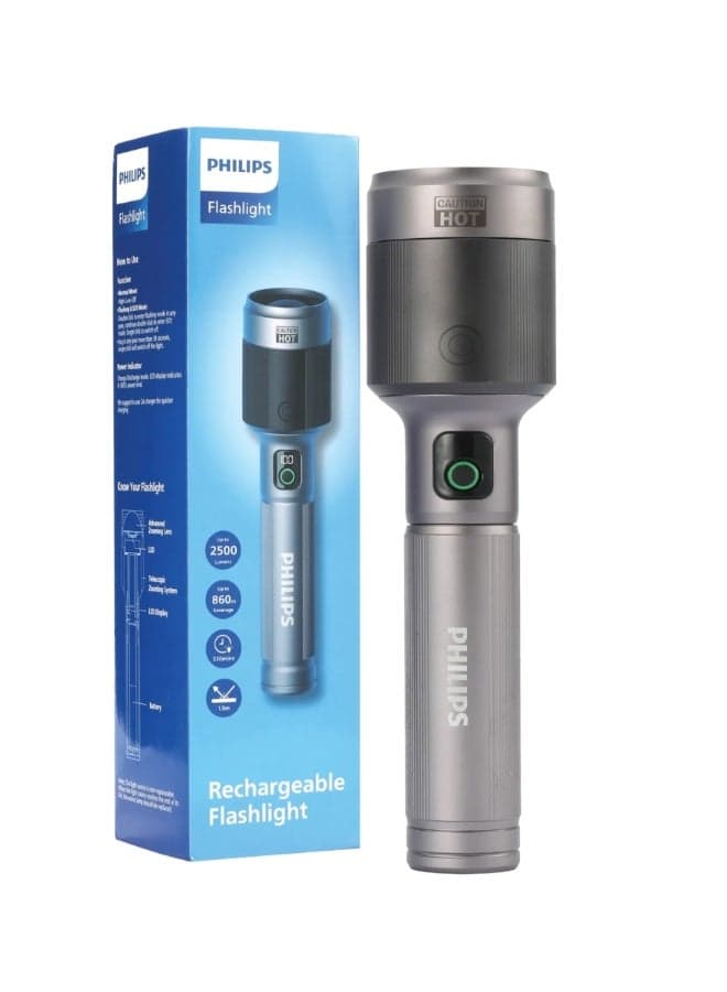 PHILIPS Rechargeable LED Flashlight Torch | 2500 Lumens Ultra High Brightness | Aircraft Aluminium Alloy Body | Zoom Adjustable Beam 860m Range | 9000mAh Battery | Model SFL5102/56 | 2 Year Warranty GREY