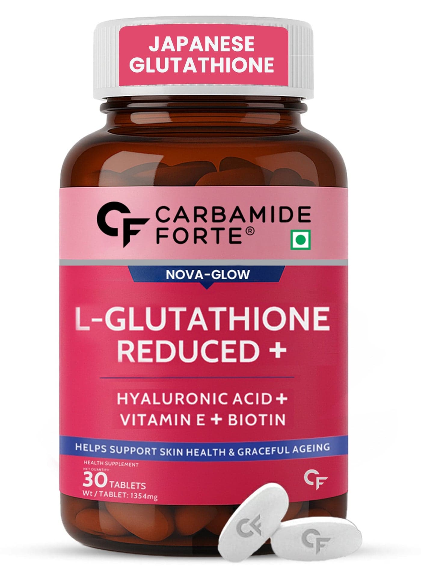 L Glutathione Reduced + 500mg Tablets For Skin Heath | L Glutathione With Hyaluronic Acid, Vitamin E, Lycopene & Biotin– 30 Veg Tablets