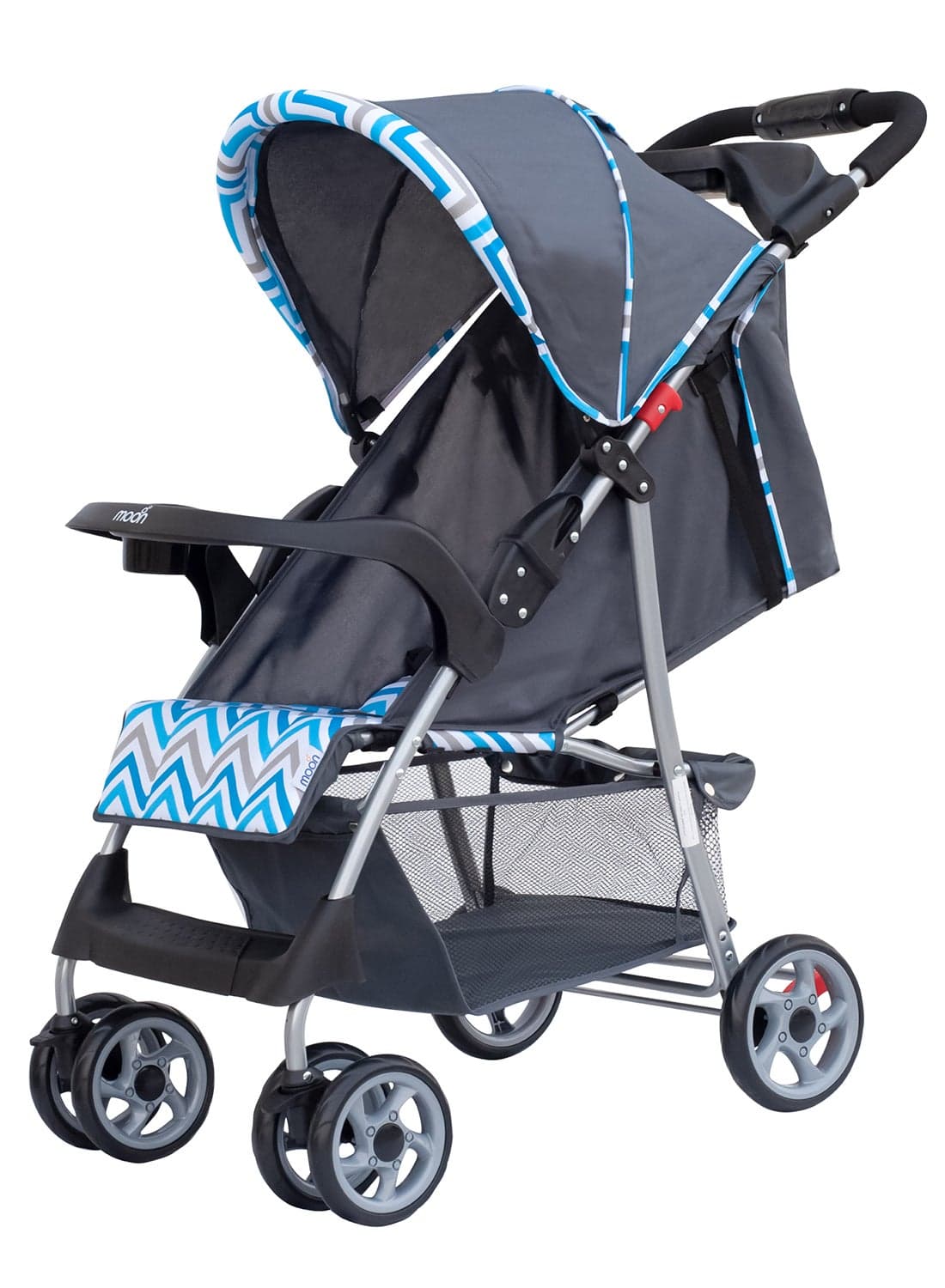 Trek Baby Stroller – One-Hand Fold, Safety Lock, Dual Tray, Leg Rest, Multi-Recline, 0m+ to 24kg – Blue Stripes