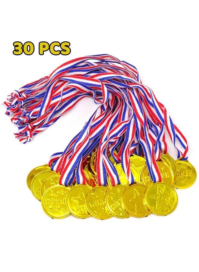 30-Piece Kids Plastic Winner Medals with Ribbon, Winner Award Medals for Kids Sports Awards, Games Competitions, Prizes, Party Favors and Decorations (Gold)