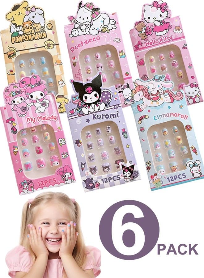 6 Pack Manicure Stickers Press on Nails for Kids Cute Cartoon Fake Nails with Jelly Glue, Short Artificial Nail Art Kit for Girls, Reusable & Safe Nail Extensions for Easy DIY Manicure