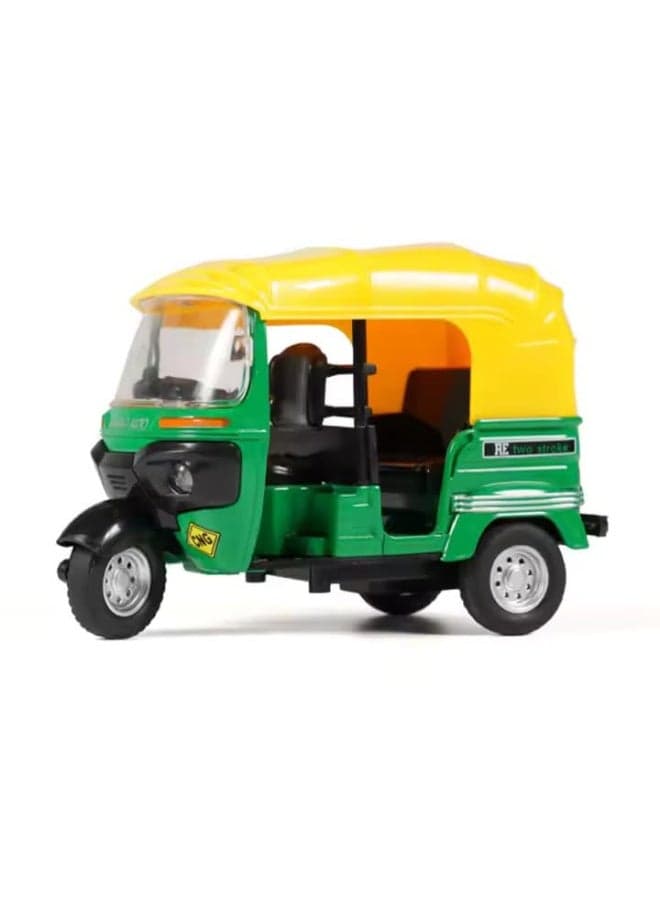 Die-cast auto rickshaw, Realistic Auto Rickshaw Toy Vehicle – Premium Miniature Tuk Tuk Model for Kids Play and Collectors, Green & Yellow