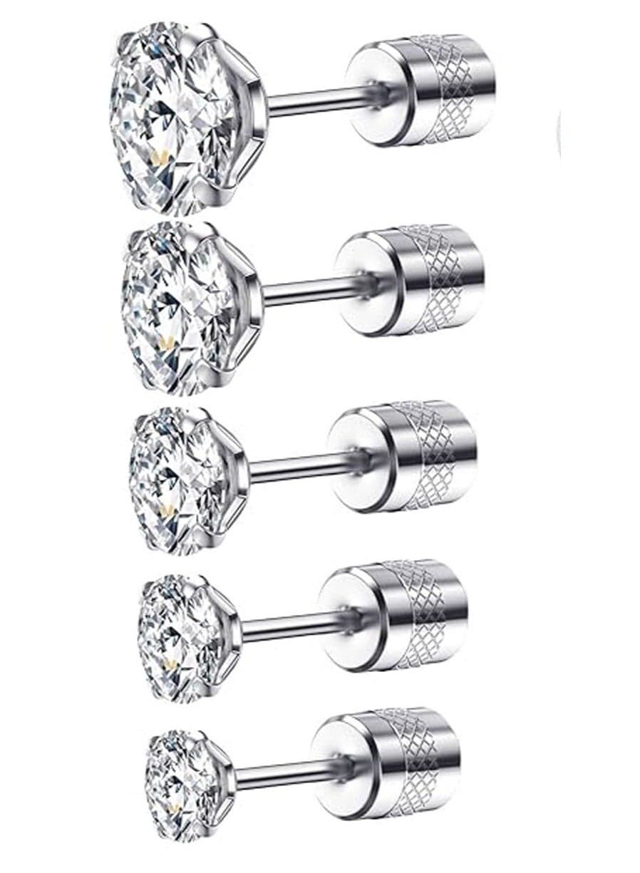 5 PCS Stud Earrings Set, Hypoallergenic Cubic Zirconia 316L Earrings Stainless Steel CZ Earrings 3-8mm (Steel color)