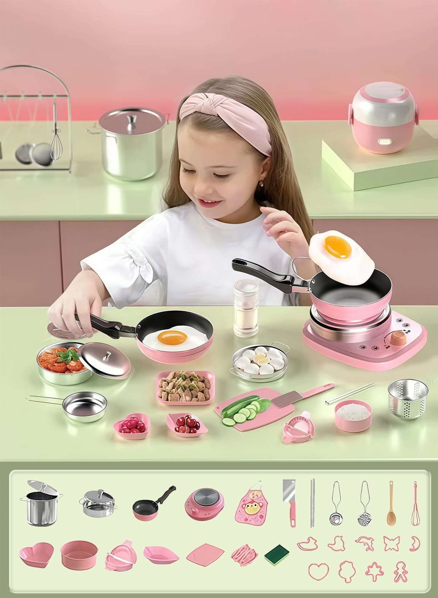 32 Pcs Kids Kitchen Playset with Sturdy Steel Frame, 10 Cookie Cutters & Wooden Elements, Pretend Cooking Toys for Toddlers, Realistic Pots & Pans Learning Gift
