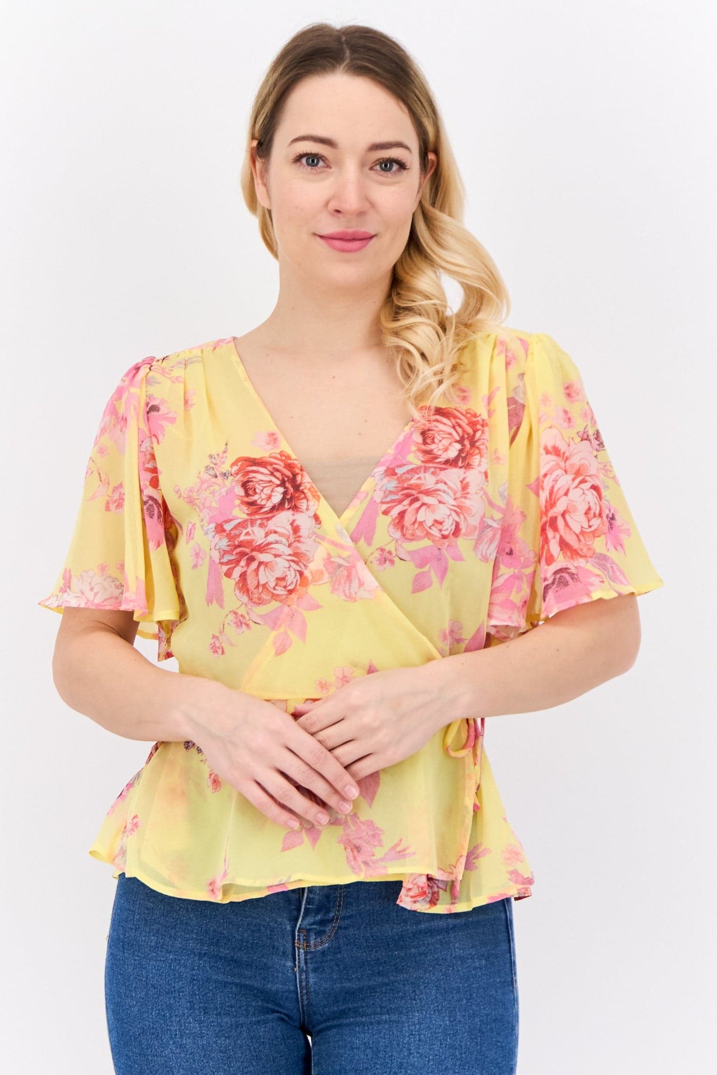 Women Surplice Neck Short Sleeves Floral Print Blouse, Multicolor