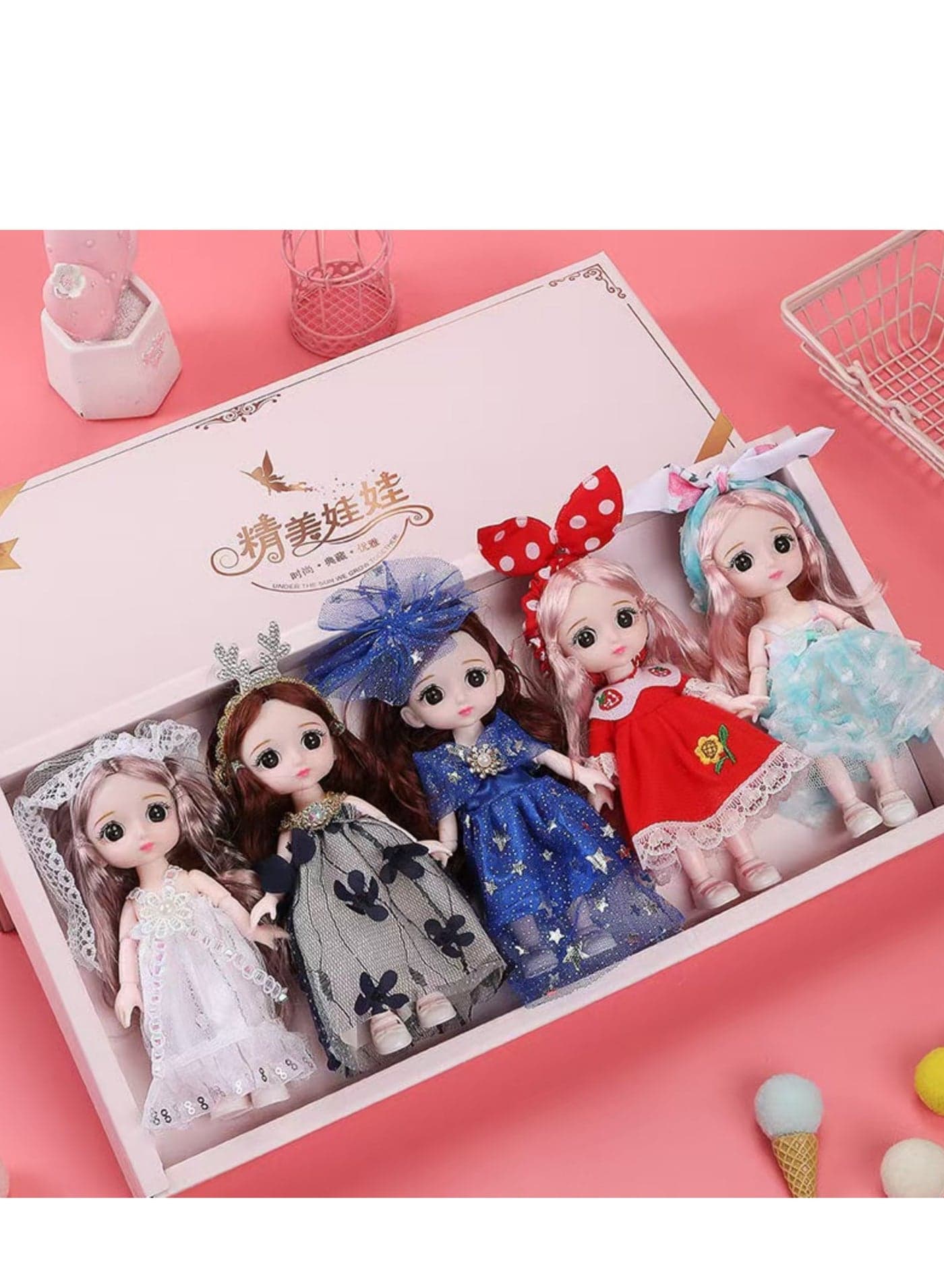 17 cm small doll princess gift box set children's girl clothes changeable dress-up Fashion Dolls Collection Set, 5 Pieces with Different Outfits, Pink Gift Box Girl gift (fairy tale)