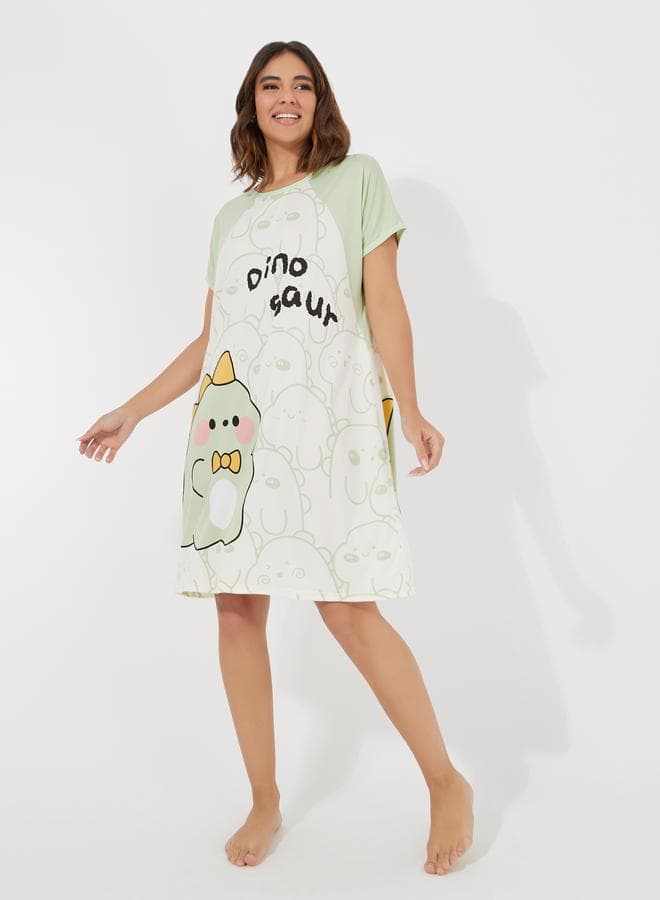 Dinosaur Print Raglan Sleeves Sleep T-Shirt Dress