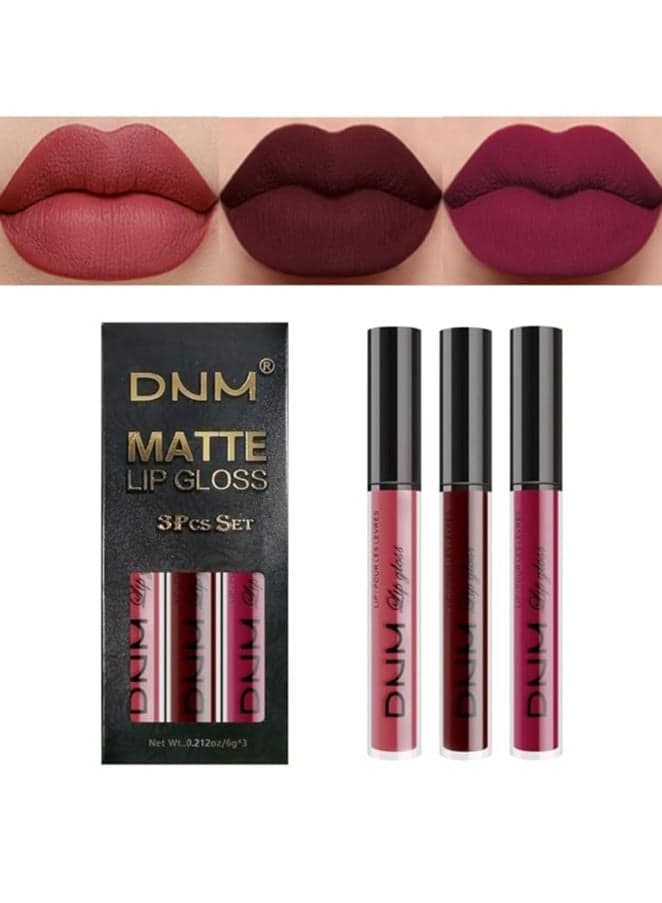 3Pcs Dark Red Purple Matte 24-hour Liquid Lipstick Sets,DNM Matte Lipstick Lip Stain Long Lasting 24 Smudge Waterproof Lip Gloss Gift Set Matt Lipsticks Set Matt Liquid Women Makeup Lipstick color 06