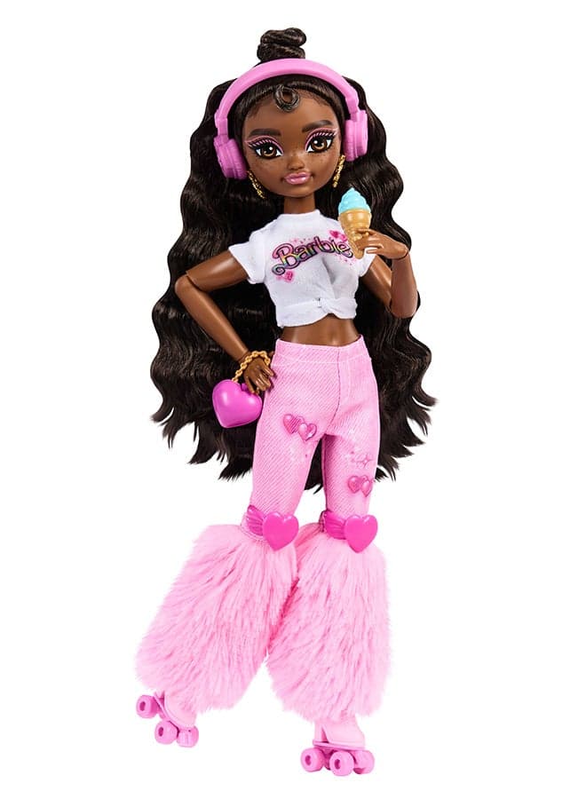 Dream Besties Doll and Accessories, Barbie “Brooklyn” Posable Roller Skating Fashion Doll with Dark Brown Hair, 9Music & Video Themed Pieces
