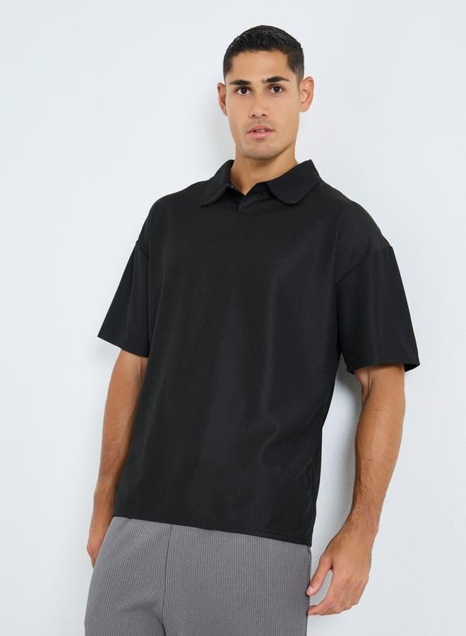 Styli Textured Relaxed Fit Polo with Open Collar