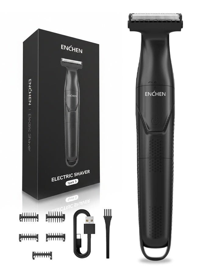 Spark 5 Electric Body Hair Trimmer for Men, 6500RPM Waterproof Razor with 5 Guide Combs (1–7mm), Type-C Fast Charging, LED Display, R-Shaped Blade for Painless Shaving of Chest, Armpit & Intima
