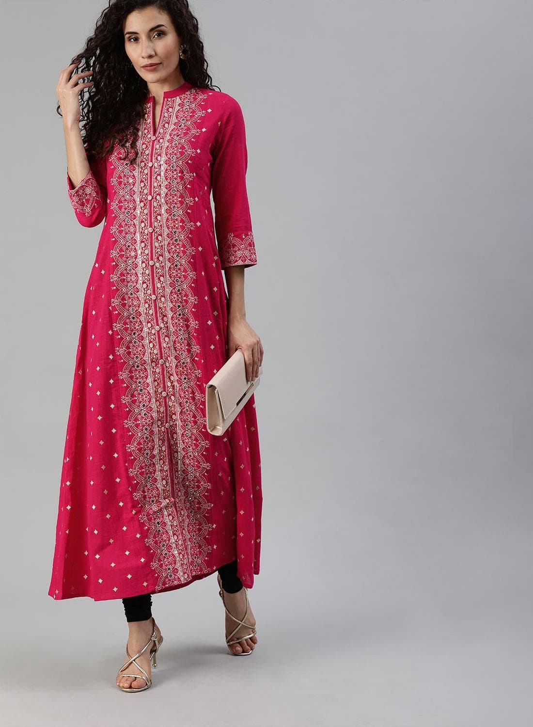 Women Pink White Printed A-Line Kurta with Mirror Work