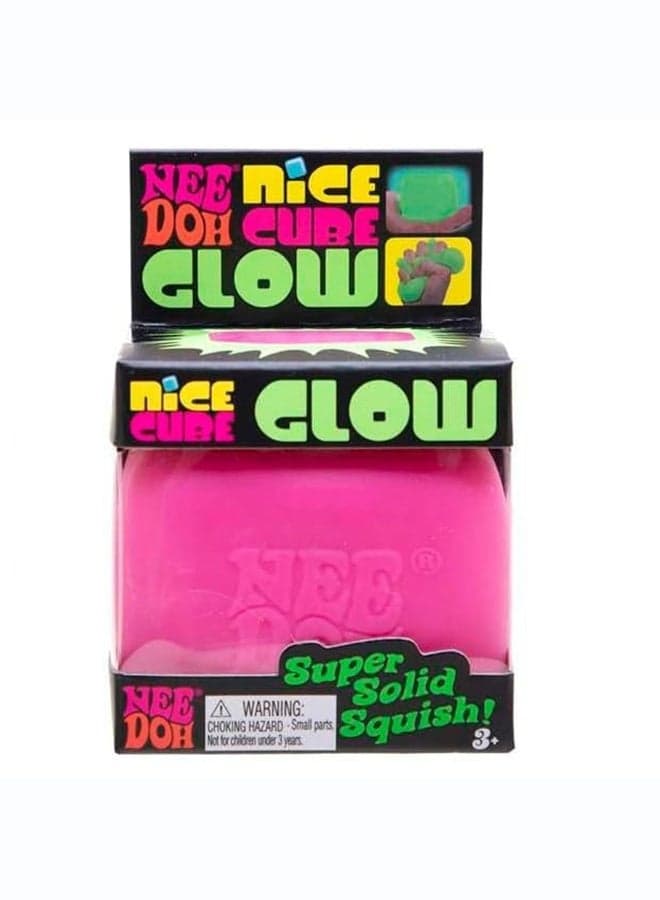 NeeDoh Nice Cube Glow Pink Squishy Sensory Fidget Toy, Glow in The Dark Stress Relief Squeeze Cube, Super Solid Squish Tactile Sensory Toy for Kids and Adults, Anxiety Relief, Ages 3+