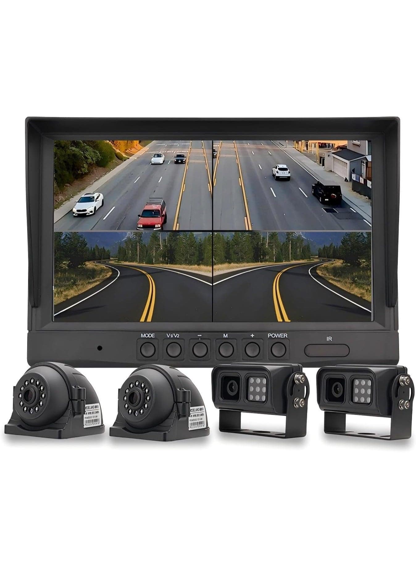 Car Backup Cameras System with 10 inch Quad Split Monitor for RV Trailer Semi Truck Camper Bus & 4 AHD 1080P Rear&Side View Cameras with DVR Record Function Night Vision IP69 Waterproof