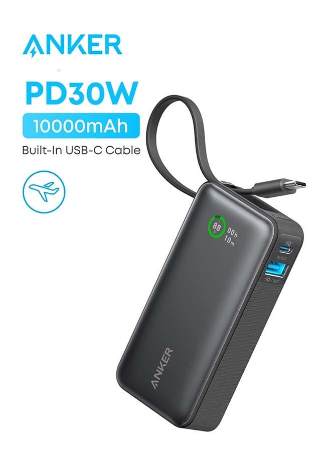 10000 mAh Nano Power Bank, 10,000mAh Portable Charger with Built-In USB-C Cable, 30W Max Output, for iPhone 17/16 Series, MacBook, AirPods, and More Black