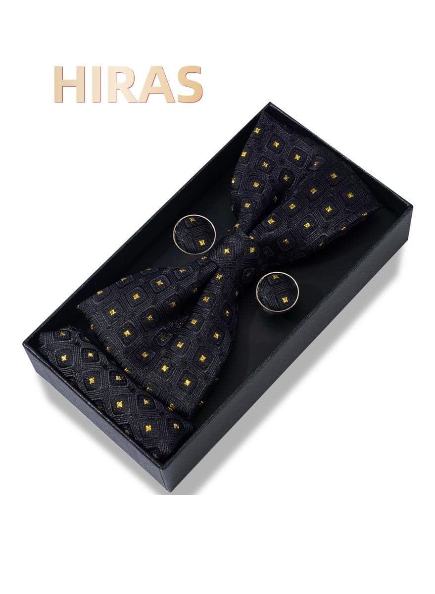 Men's Bow Tie Gift Set - Complete Formal Accessories Kit with Pre-Tied Bow Tie, Cufflinks & Pocket Square for Wedding Party Prom & Events - Black