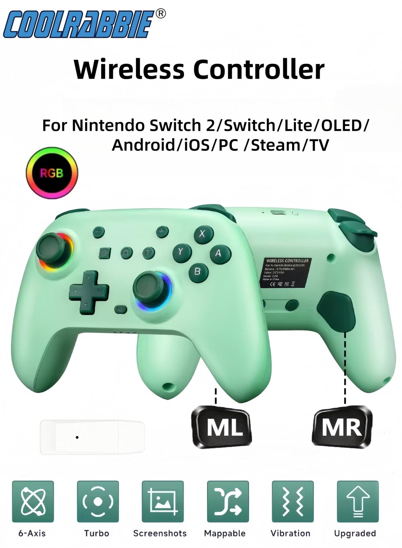 RGB Wireless Switch Controller for Nintendo Switch 2,Switch Pro Controller for Switch/OLED/Lite/PC/Steam Deck/TV,Gamepad Hall Effect Joystick Trigger with 7 Colors LED Light/3-level TURBO Adjustable,4-Speed Dual Vibration,Support Wake Up and Gyro Axis Motion