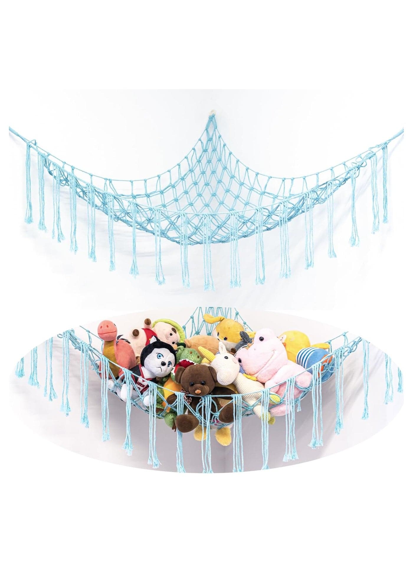 Stuffed Animals Net or Hammock Large, Toy Hammock Macrame Stuff Animal Storage Corner Hanging Net Holder,Mesh Hammock Plush Toy Organizer with Hooks for Bedroom,Nursery ,100*100*150(pale blue)