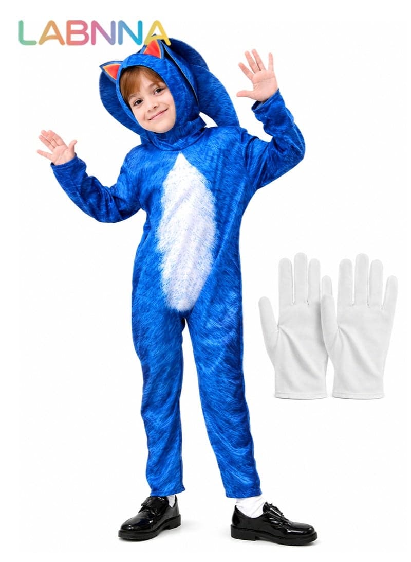 Kids Sonic Jumpsuit with Gloves, Sonic Costume Outfit Set, Fancy Dress Up Outfit, Popular Character Clothing for Children, Ideal Dress Up for Themed Parties