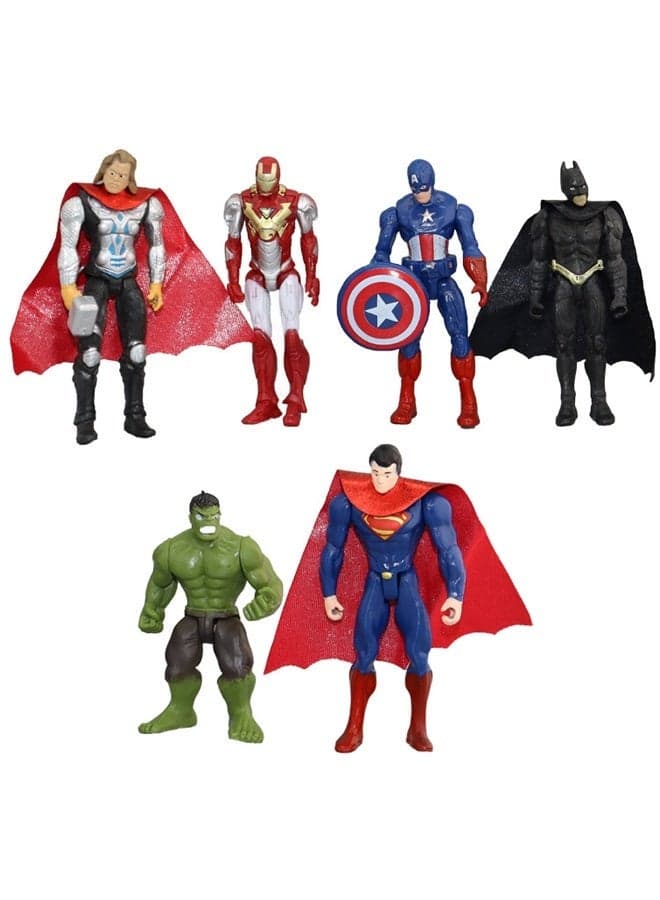 6-Piece Superhero Action Figure Set - 5-inch Poseable Figures with Capes, Accessories for Kids Ages 3+, Imaginative Play, Birthday Parties & Collecting Durable PVC, Classic Heroes
