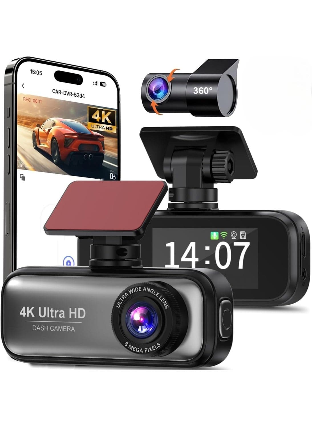 BlueFire 4K WiFi Dual Lens Dash Cam with 1080P Rear Camera 1.97 Inch Display 170° Wide Angle Parking Monitor