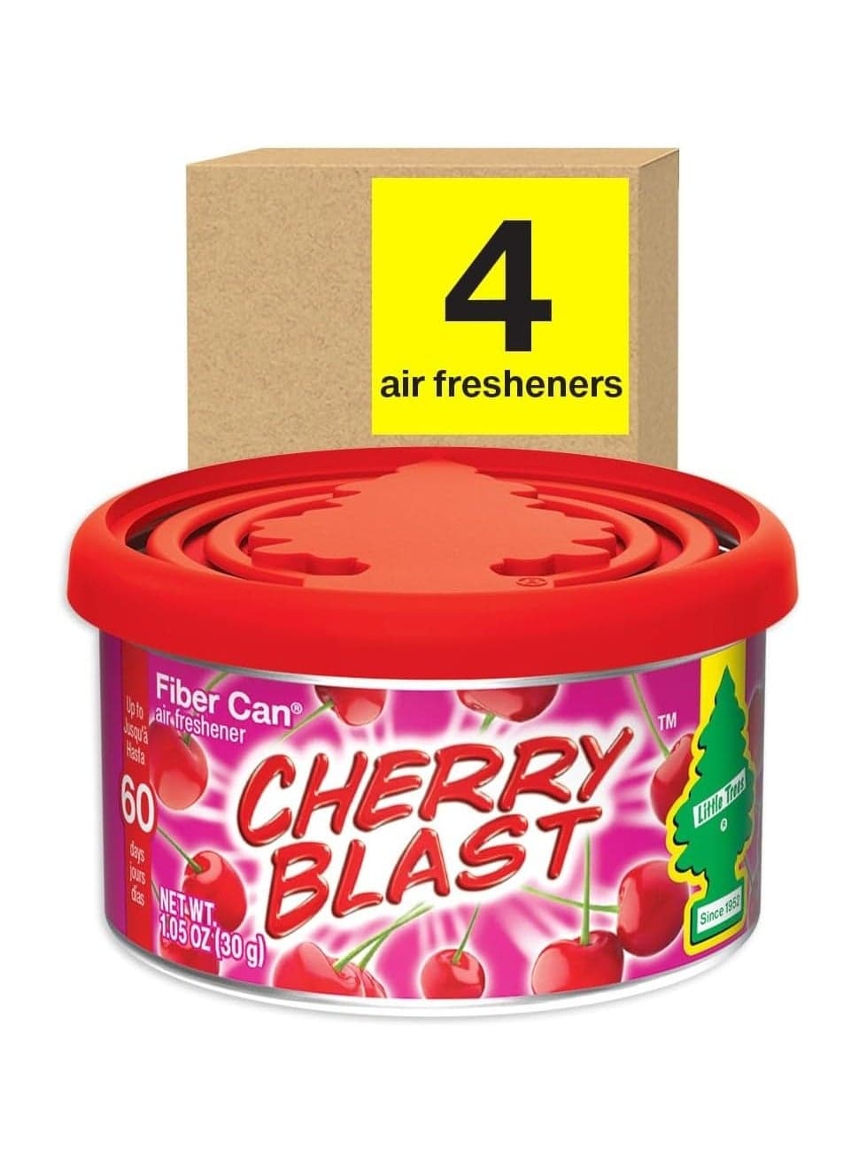 LITTLE TREES Car Air Freshener. Fiber Can Provides a Long-Lasting Scent for Auto or Home. Adjustable Lid for Desired Strength. Cherry Blast, 4 Air Fresheners