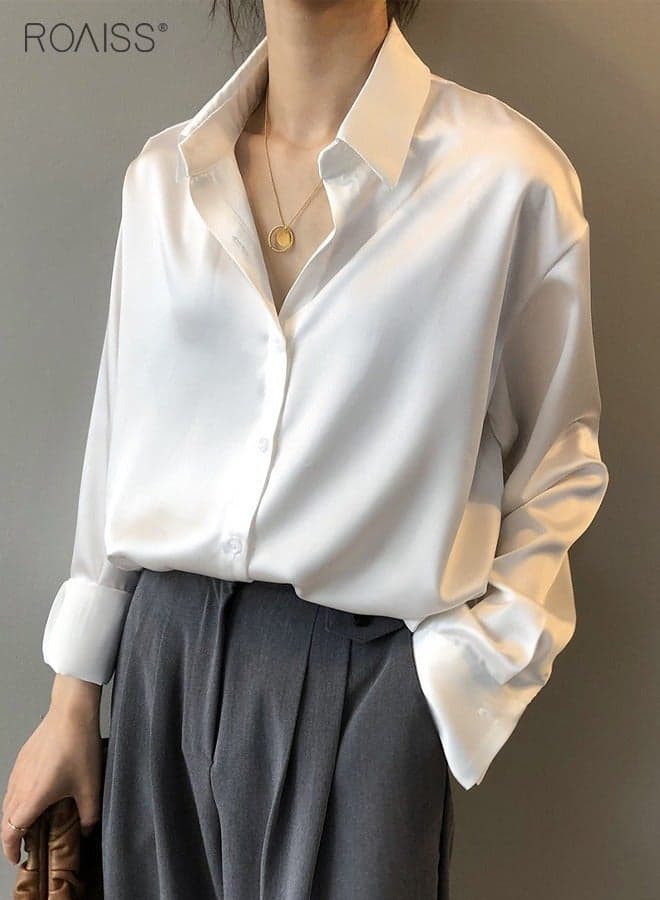 Women Stylish Satin Shirt, Comfortable Breathable Shirt Jacket for Ladies, Long Sleeve Button Down Top, Suitable for Daily Wear and Outdoor Activities