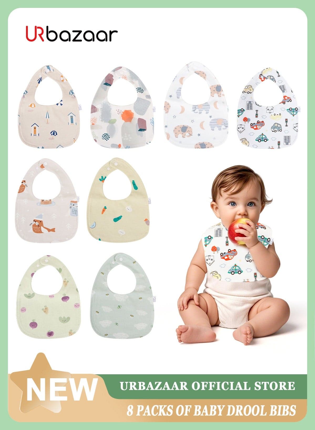 8 Pack Dribble Bibs, Soft Cotton Baby Teething Bibs Waterproof Drool Bibs (Multicolour).