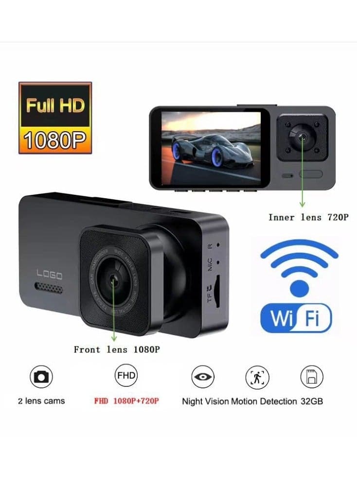 Safety Tachograph Kit, Car Camera 1080P HD Wide-angle Car Night Vision Multi-lens Tachograph.(3 cameras in front, behind and inside the car)