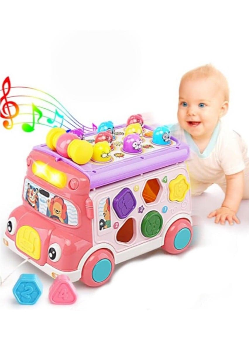 Music Activity Bus Baby Toy, Infant Education Learn Car, Sound and Light,Interactive Game,Shape Sorter,Animal Matching, Holiday Birthday Gift for Toddler Kid Boy Girl Red