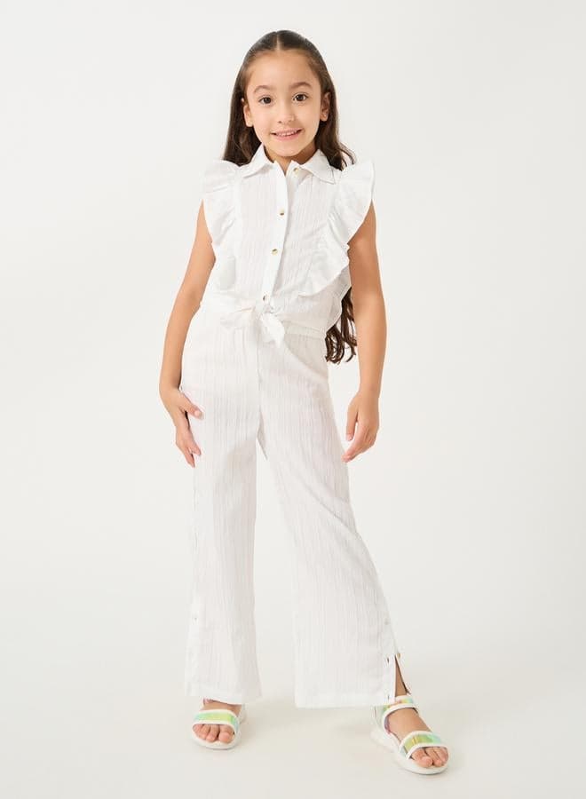 Kids Coord Set With Tie Up Collared Shirt With Cap Sleeves And Frill Detail With Wide Leg Pants With E