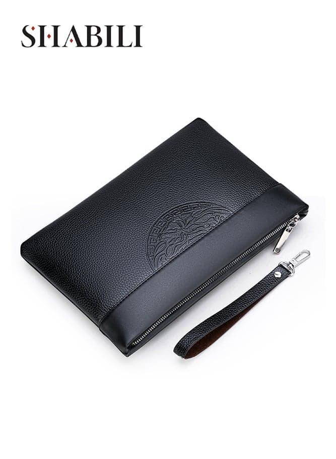 Men's PU Leather Clutch Bag, Gents Bag Wallet Handbag Wrist Bag Card Holder Passport Bag, Secure Zipper Organizer with Card Slots and Detachable Strap for Business Travel Office Commuting(Black)