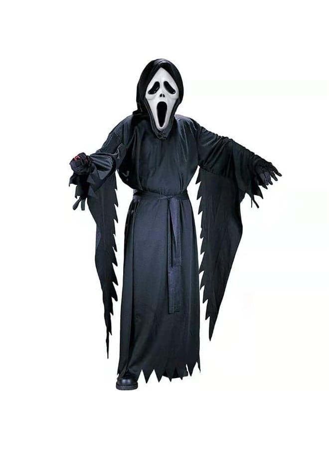 Kid Halloween Costume, Scary Grim Reaper Costume with Scream Mask for kid, Halloween White Face Ghost Cosplay Outfits for Horror Theme Dress Up Party, Unisex Stage Performance Costume