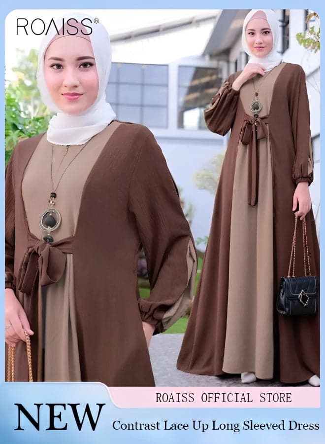 Women's Muslim Color Matching Lace-Up Dress Casual Loose-Fitting Long Sleeved A-Line Robe Featuring a Striking Color Matching Design and Adjustable Lace-Up Back Brown