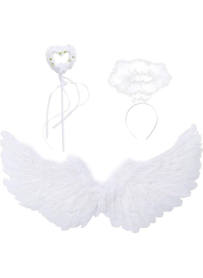 White Wings and Halo Magic Wand Feather Wing Costume Party for Kids Girls Boy