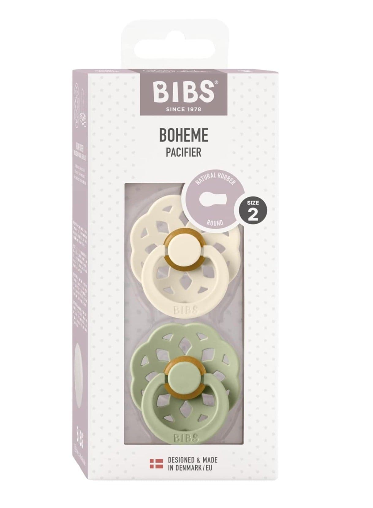 BIBS Natural Rubber Baby Pacifier Pack Of 2 Ivory And Sage