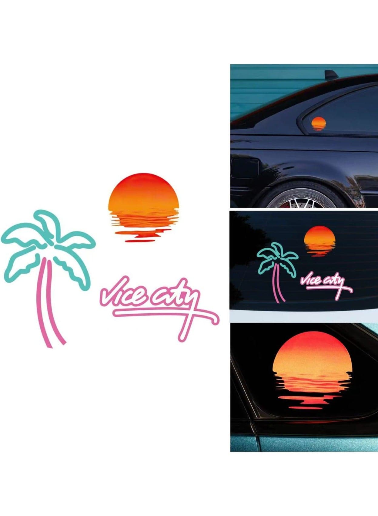 Car Stickers Retro Beach Coconut Trees Sunset Window Glass Stickers Set