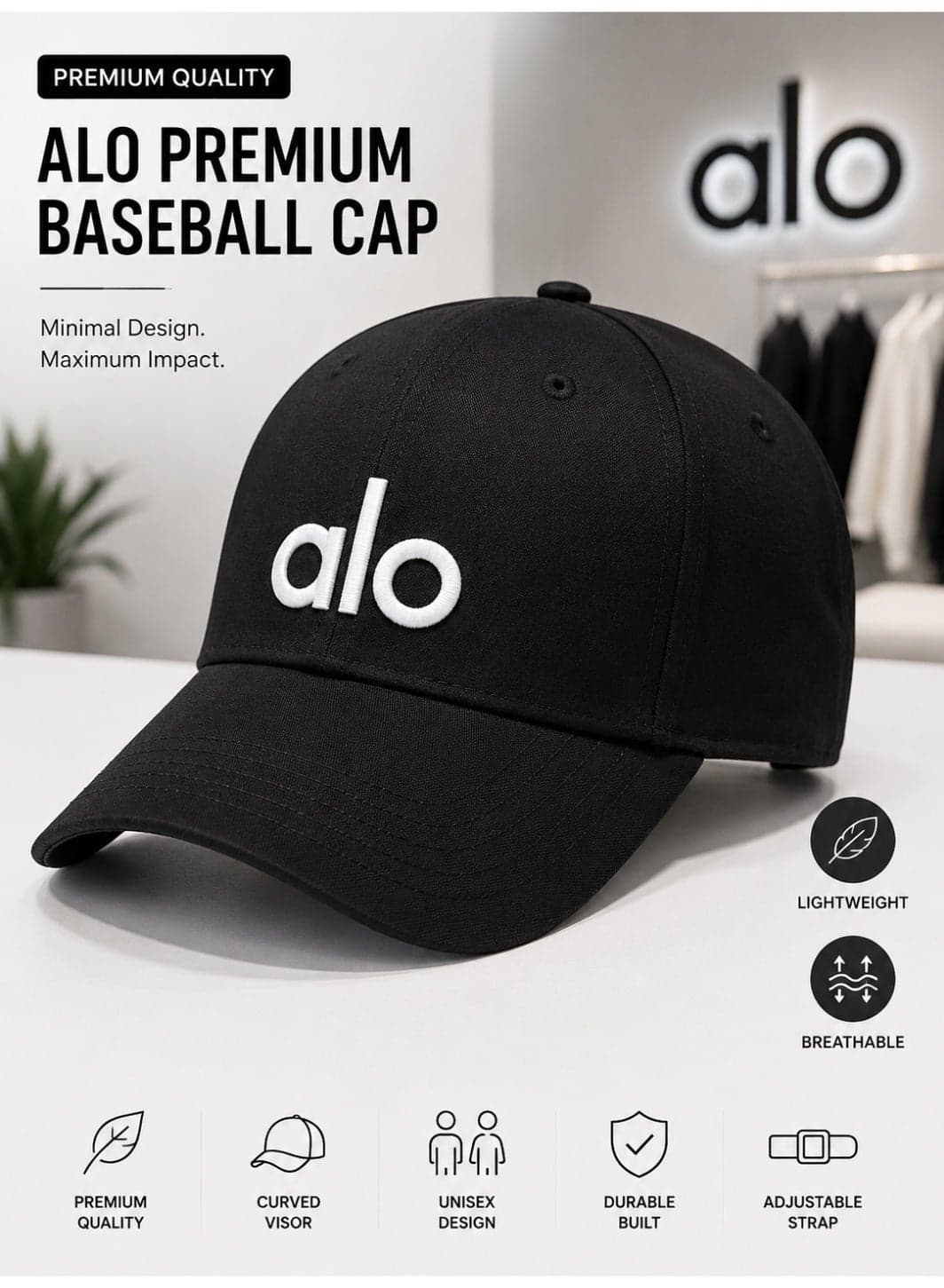 Alo Premium Unisex Embroidered Baseball Cap – Adjustable Cotton Cap with 3D Embroidered Logo, Curved Visor, Breathable Lightweight Sports & Casual Hat for Men & Women – Black