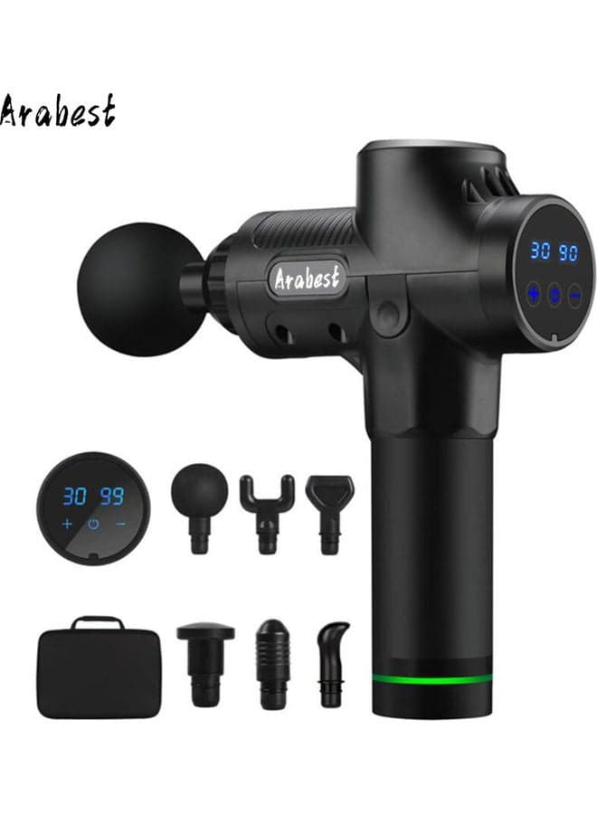 High-Frequency Silent Electric Fascia Gun Hand-held LCD Touch Screen Massager with 6 Head 30 Levels Relax Muscle for Pain Relief Black