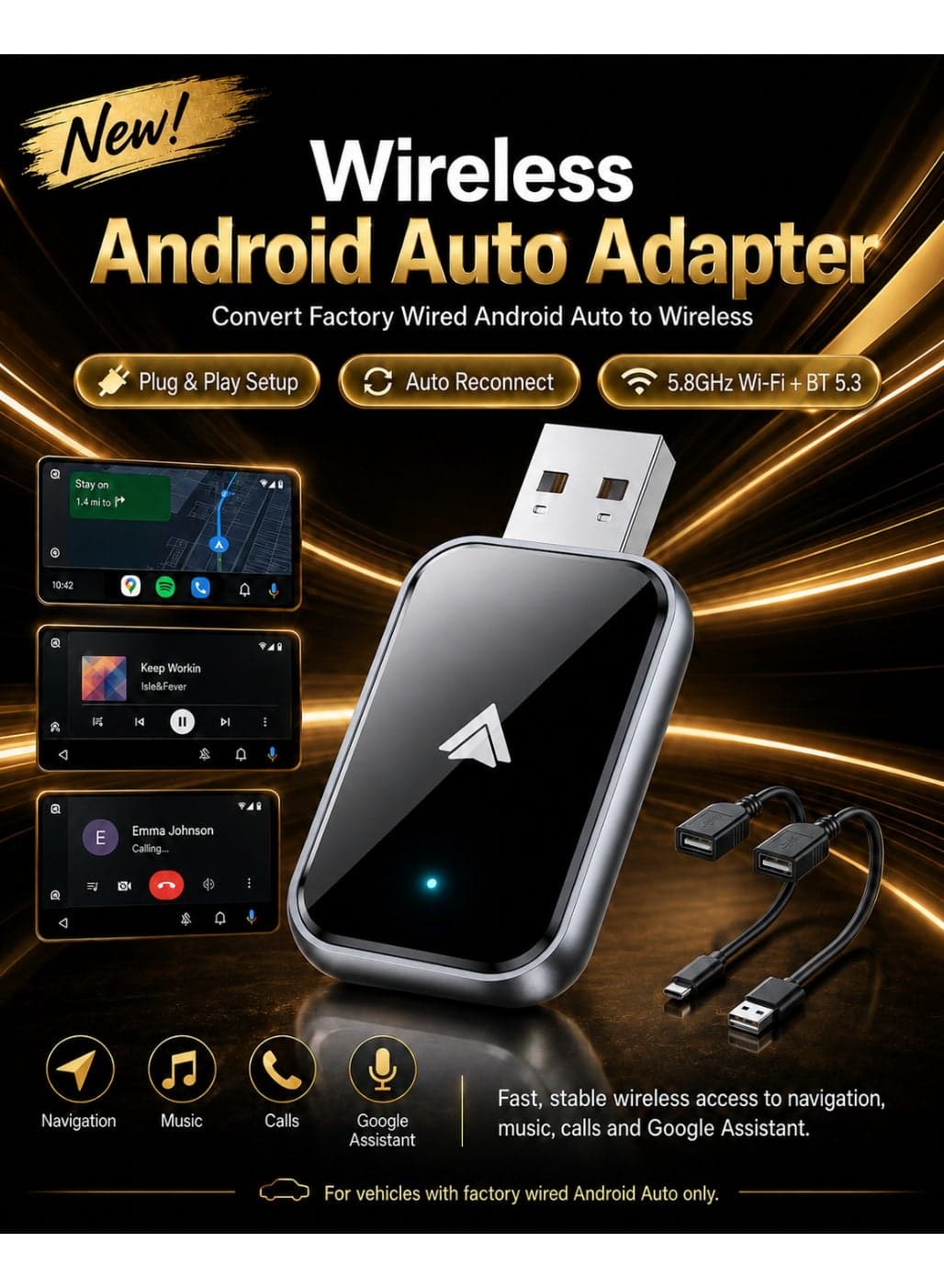 Wireless Android Auto Adapter for Android Phones, Converts Factory Wired Android Auto to Wireless, Plug and Play Auto Connect, Black