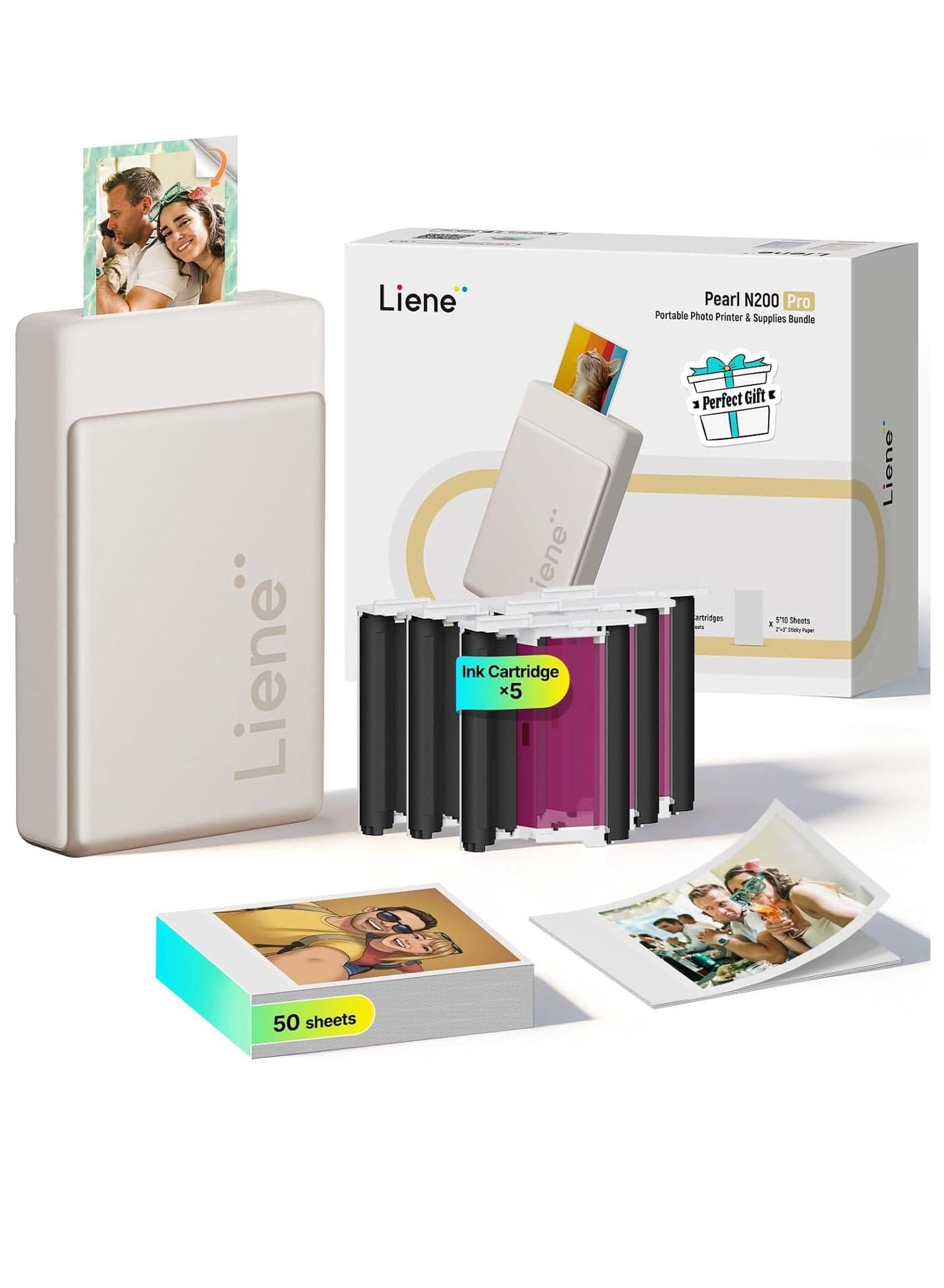 Liene Pearl N200 Pro Portable AI Photo Printer, Instant Mini Picture Printer for iPhone Smartphone, Thermal Dye Sublimation, Bluetooth Sticker Maker 50 Sheets 2x3 Adhesive Paper & 5 Cartridges, Gold