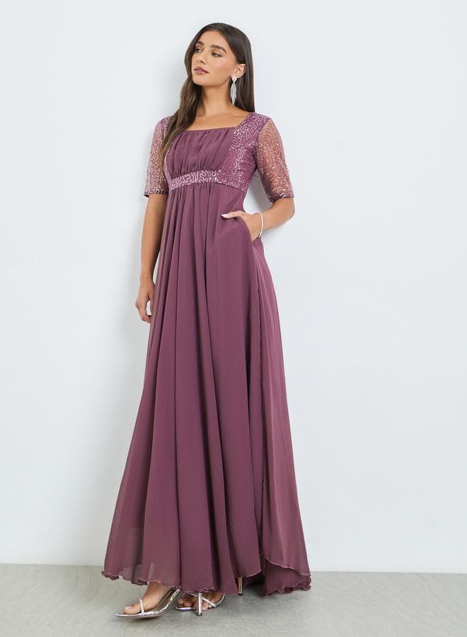 Purple Sequined Maxi Dress with Fold Pleats