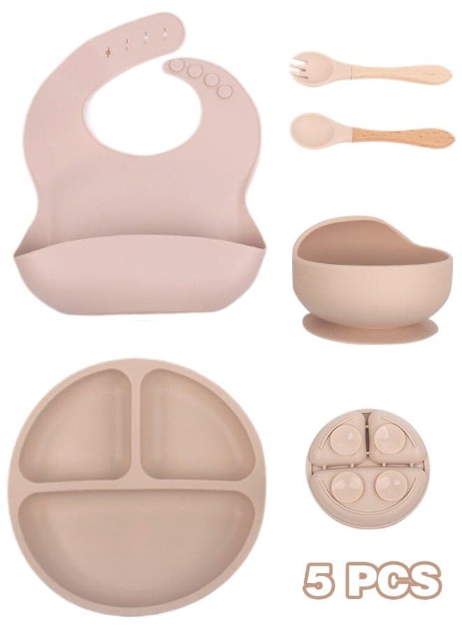 5-Pieces Silicone Baby Feeding Set, Baby Led Weaning Supplies with Suction Bowl and Divided Plate, Wooden Spoon and Fork, Toddler Tableware Set with Adjustable Soft Silicone Bib