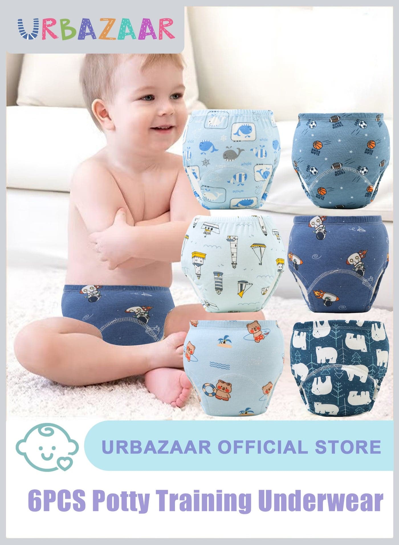 Baby Potty Training Underwear for Boys and Girls, 6 Pack Absorbent Training Pants for Toddlers with Printed Reusable Cotton Toilet Training Pants for 12-18kg Kids (2-4 Years)